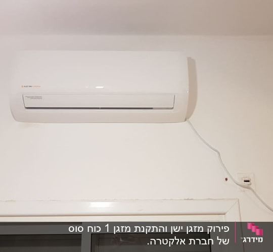 מזגן קיר לבן מותקן מעל חלון עם כבל חשמל